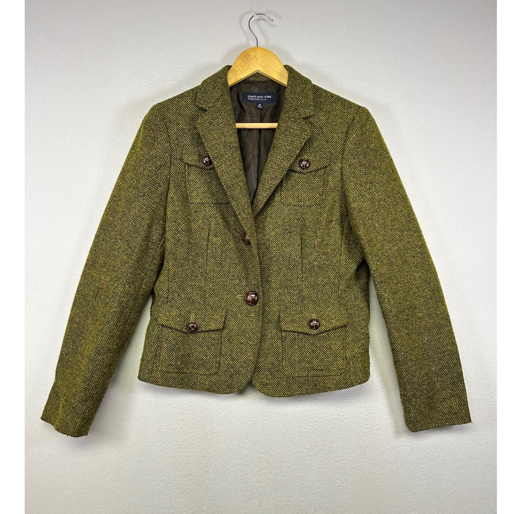 Dark Academia Jones New York Petite 12P Green Tweed Wool Blend‎ Blazer Jacket